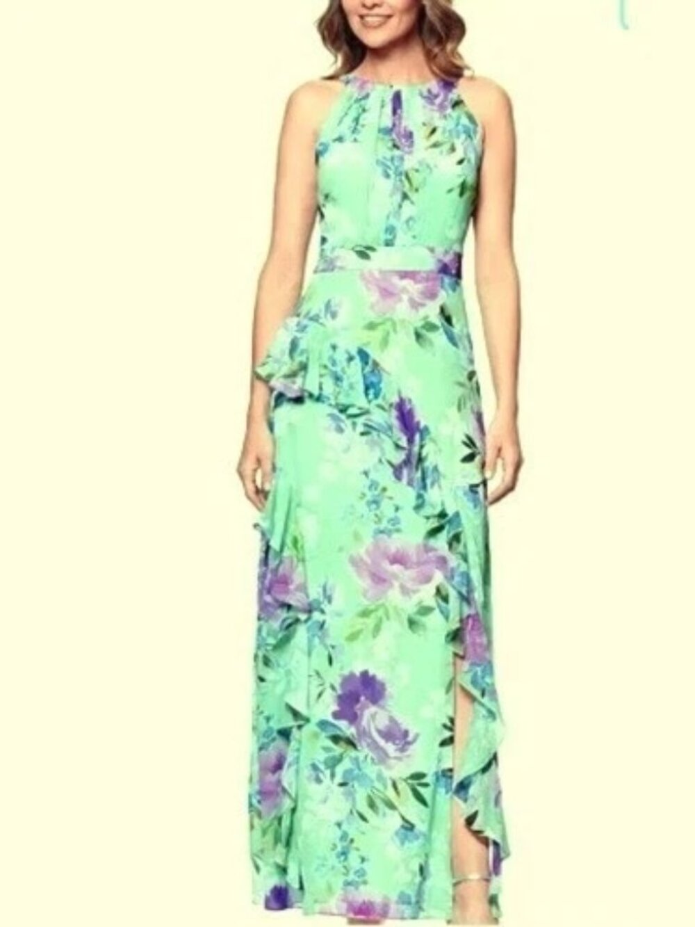 Betsy & Adam Mint Green Multi Floral Print Ruffled Sleeveless Gown